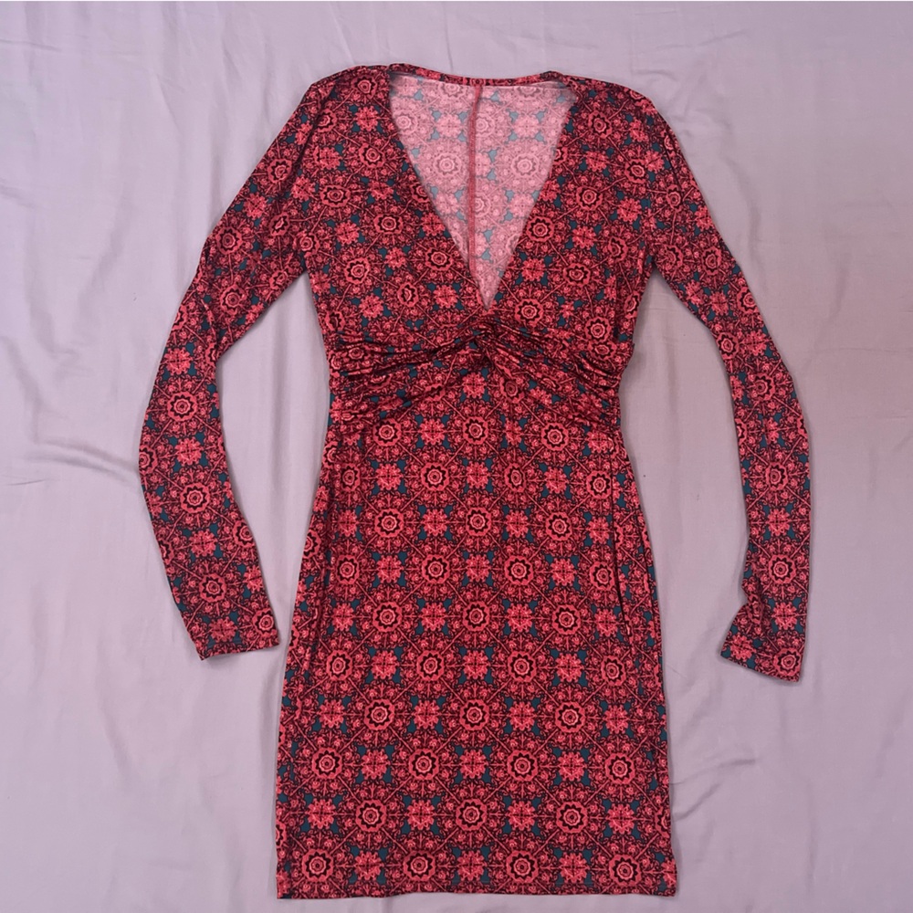 Forever 21 | New | Vintage Red Pink Blue Teal Geometrical Shapes V Neck Dress